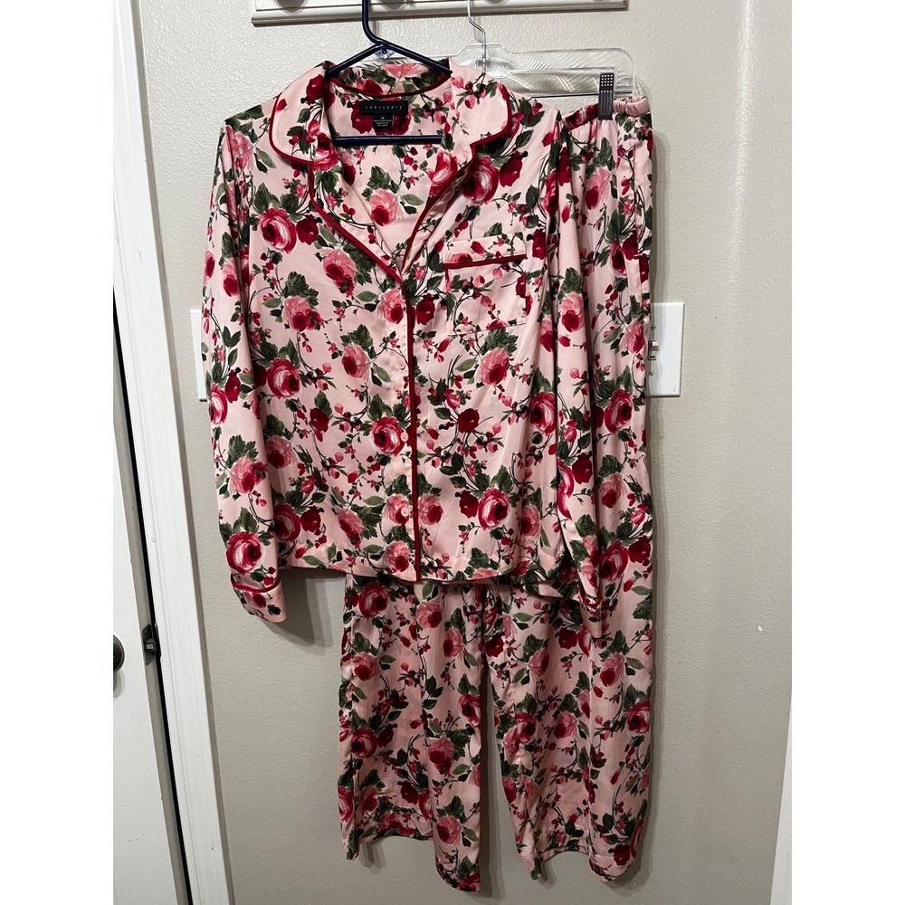 Sanctuary Womens Pink Red‎ Rose Floral Pajama Set Long Sleeve Wide Leg Pants M